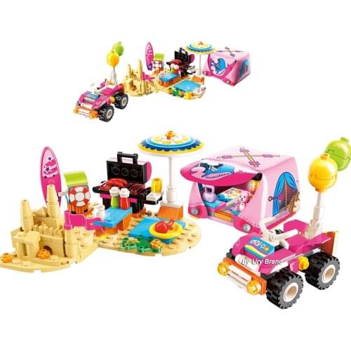 Qman Cherry Beach Camping Tent ATV Car Friends Set Figures Educational Building Blocks Toy for Children Girl Gifts