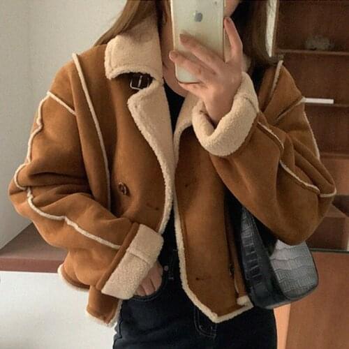 Retro Lapel Double Breasted Imitation Lamb Wool Fur One Piece Short Motorcycle Coat for Women Winter Clothes Women