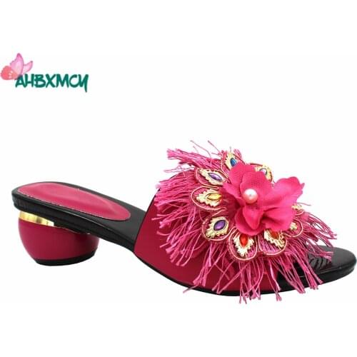 Slingbacks African Slipper in Magenta Color Sexy Italian Ladies Shoes for Party Pu Leather Shoes with Appliques for Wedding