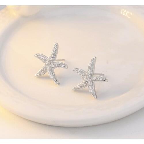 925 Sterling Silver Crystal Starfish Charm Piercing Stud Earring For Women Jewelry Pendientes Accessories eh011