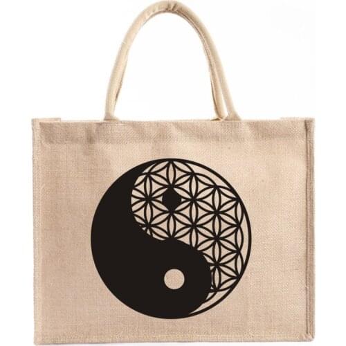 TAI CHI Yin Yang Tote Bag Sacred Geometry Flower of Life Design Gift Bags Eco friendly Jute Tote Bag Personalized Burlap Bags
