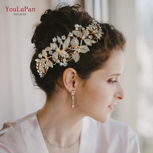 TOPQUEEN HP301 Bridal Headpieces with Comb for Wedding Crystal Alloy Leaf Starry Rhinestone Headband for Wedding Party