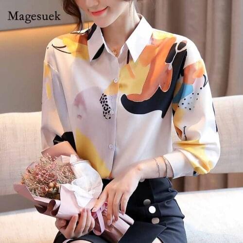 Loose Long-Sleeve Cardigan Women Blouse Plus Size Ladies Tops 2020 Autumn New Chiffon Flower Print Womens Office Shirt 11128
