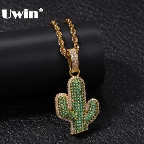 UWIN Full Iced Out White/green Cubic Zirconia Cactus Shape Pendants Fashion Hiphop Plant Necklace Gold Color Mens Jewelry