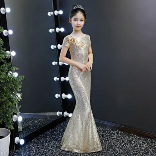 High-end Girls sequined dress children birthday party evening gown Catwalk piano costume mermaid dress Modis vestidos Y1438