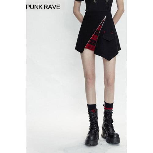 PUNK RAVE Womens Punk Style Two Wear A-line Half Skirt Plaid Splicing Playful Kitten Ear Decoration High Waist Denim Skirts