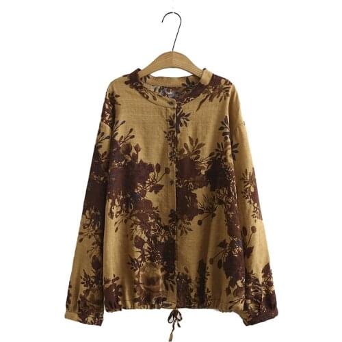 Plus Size XL-4XL Yellow Grey Floral Printed Womens Blouse Long Sleeved Round Neck Button Up Cotton Blusas Female Vintage Tops