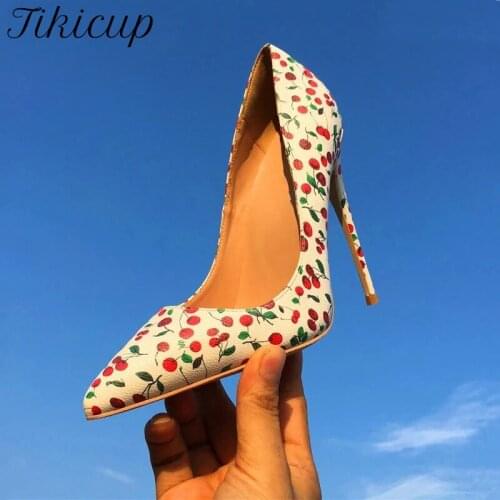 Tikicup Cherries Printed Women Patent Stiletto High Heels Slip On Pointed Toe Chic Pumps Elegant Ladies Wedding Party Shoes