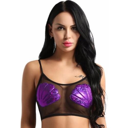 Womens Fashion Sheer Mesh Mermaid Coatumes Tank Tops Sea Shell Vest Crop Tank Top for Cosplay Party Clothes Pole Dance Crop Top