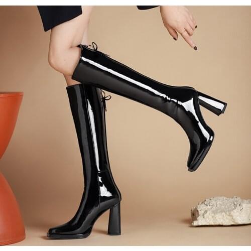 Platform Women Knee-High Boots Fashion Concise Casual Thick Heels Round Toe Patent Leather Zip Shoes Woman Autumn Winter