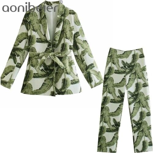 Aonibeier 2021 Za Woman Casual Traf Outfits Female Summer Autumn Leaf Print Belted Loose Shirt + Long Pants Suits 2 Piece Sets