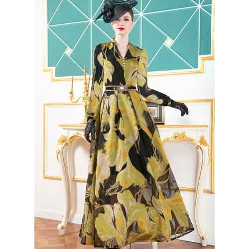 2020 Vintage Jacquard Runway Long Dress Women Evening Full Length Gorgeous Floral Printed Long Dress DZ1200