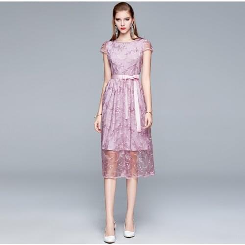 Pink Mesh Flowers Embroidery Elegant Dress Women O-Neck Bow Lace-Up Vintage Mid-Length Dresses Female 2021 New Clothes