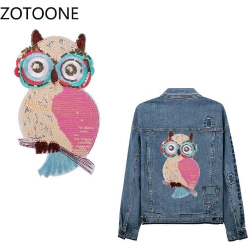 ZOTOONE Cartoon Cute Owl Patches Sew on Large Sequin Patches for Clothing Applique Stripe on Clothes Embroidery Patch Appliques