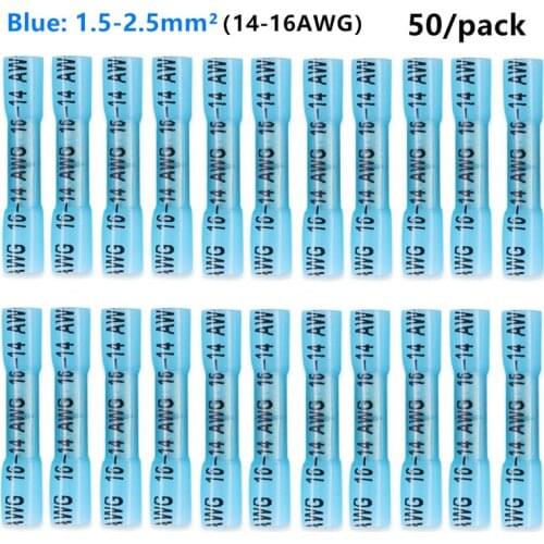 50PCS AWG 14-16 Seal Heat Shrink Butt Crimp Terminals Blue Waterproof Fully Insulated Electrical Wire Connectors Assortment Kit