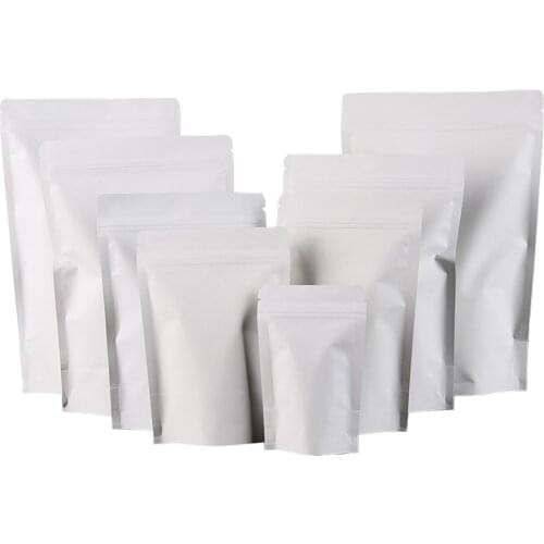 50Pcs White Kraft Paper Mylar Foil Bag Food Packaging Pouches Stand Up Doypack Zip Lock Grip Seal Resealable Tear Notch Reusable