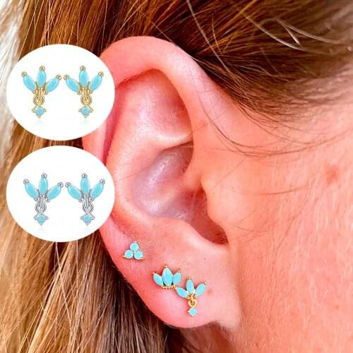 Aide 925 Sterling Silver Turquoise Zircon Black/White/Purple Stud Earrings for Women Gold Silver Small Piercing Earring Jewelry