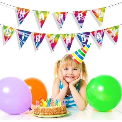 BA277 Girls Birthday Carnival Tie Dye Theme Happy Birthday Banner Pennant Bunting Banner for Hippy Music Disco Party