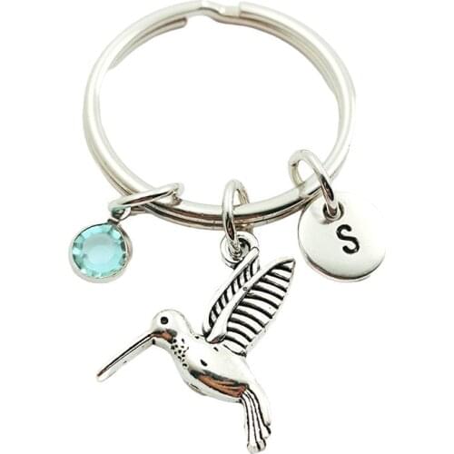 New Hummingbird Creative Initial Letter Monogram Birthstone Keychains Keyrings Fashion Jewelry Women Gifts Accessories Pendants