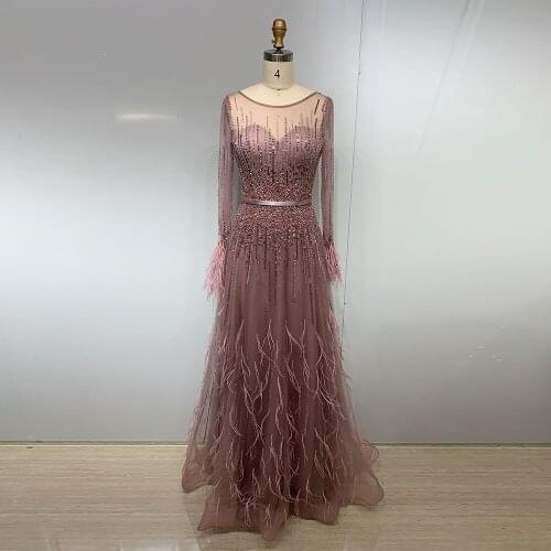 Elegant Muslim Feathers Crystal Evening Gown Full Sleeve Dusty Pink Tulle Beaded Formal Women Party Dresses Custom Size Vestidos