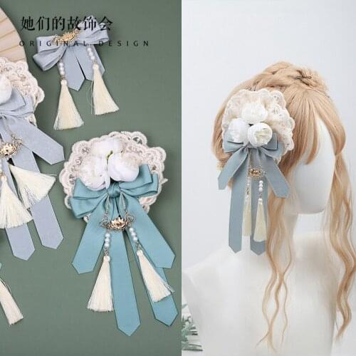 Hanfu Headdress Lolita Girl Hair Clip Rose Flower Pill Pearl Tassel Side Clip Lace Bowknot KC Hair Hoop Vintage Hair Accessories