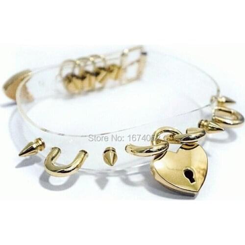 Harajuku Punk Gothic 100% Handmade Clear PVC Transparent Heart Lock Key Choker U shaped Spiked Spikes Collar Necklace