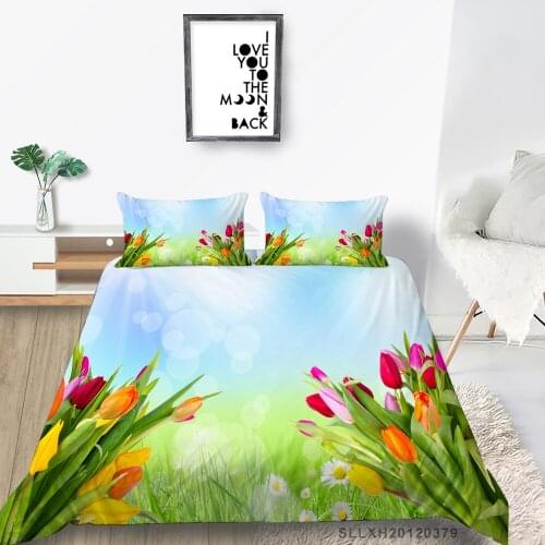 Colored Tulips Bedding Set Full Size Beautiful Daisy Duvet Cover King Queen Twin Double Single Nature Bed Set Grass