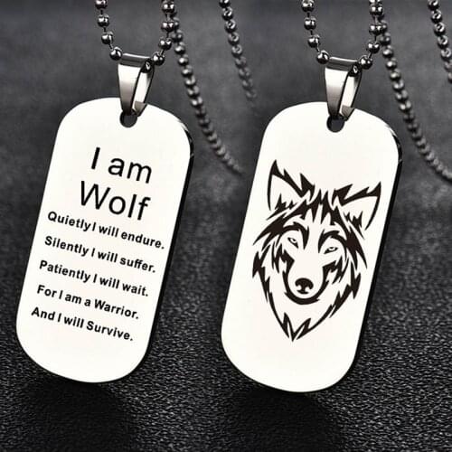 Fashion Men Womens Stainless Steel Wolf Head Dog Tag Pendant Necklace Gift