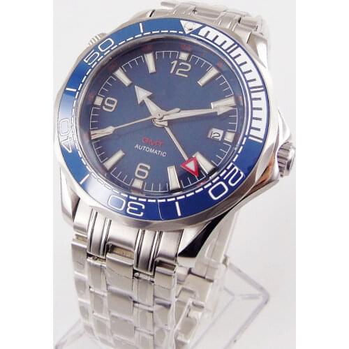 NEW 41MM Men Watch Automatic Movement GMT Model Sapphire Glass BLUE Ceramic Bezel Mental Strap
