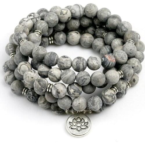 Natural Matte Grey Map Stone Charm Bracelet Natural Bead Mens Bracelet Chakra 108 Mala Jewelry Gift for Him Free Shipping