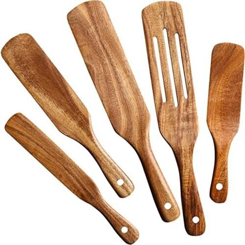 Wooden Spurtles Set (5Pcs) - Teak Wood Kitchen Tools Set - Heat Resistant Non Stick Wood Cookware For Stirring & Mixing
