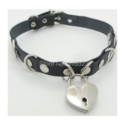 New Sexy Punk Rock Dark Leather Necklace, Handmade Metal Chain Stud Rivet Key Lock Safe Heart Choker Collar Neckalce