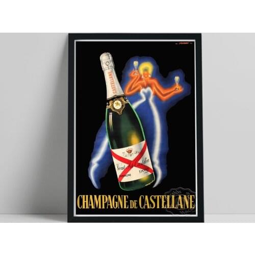 Champagne De Castellane Advertising Poster, Falcucci Neon Design Drink Art Prints, Original Nordic Vintage Art Home Wall Decor