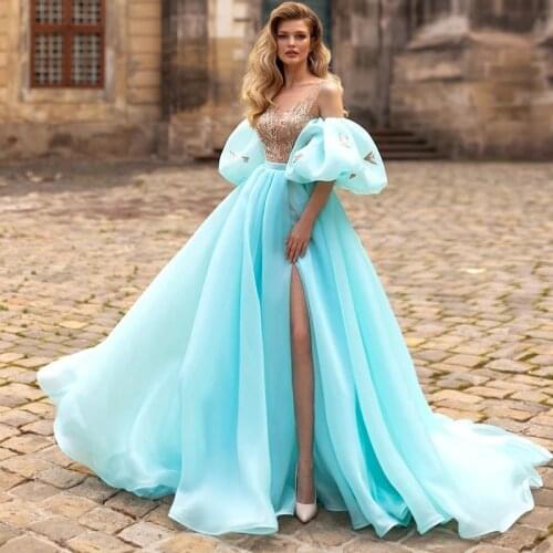 New Sexy Charming Baby Blue Prom Party Dresses Illusion Neckline Beading Bodice Side Split Wedding Party Gowns Removable Sleeves