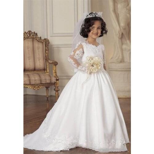 Long Sleeve Flower Girl Dresses V Neck Lace Applique Girls Pageant Dress for Wedding Party Vestidos De Nina De Las Flores