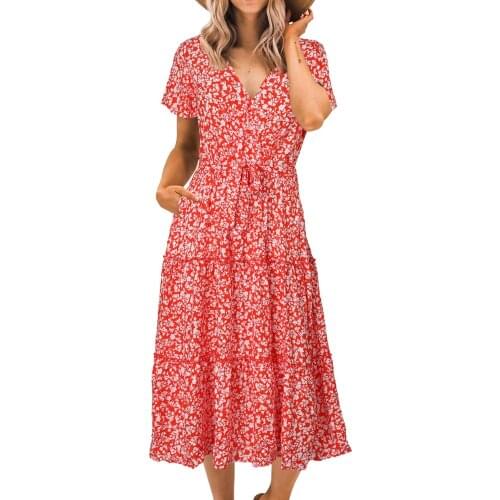 Red Floral Warp V-Neck Short Sleeve Midi Dress for Women Summer Beach Boho Dress