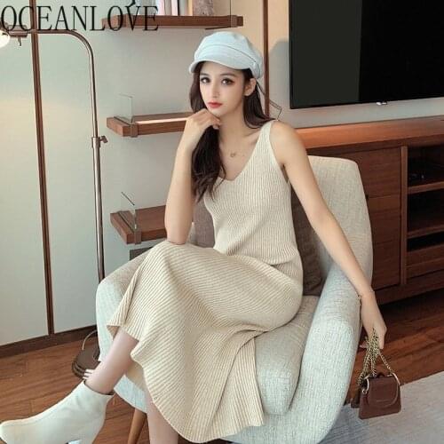 OCEANLOVE V Neck Knitted Sexy Dress Women Solid Spring Summer Soft 2020 Vestidos Retro Long Dresses Fashion Clothes 14215