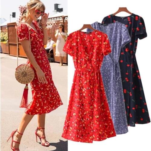 Summer Dress Women Robe Femme Floral Print Wrap V Neck Korean Fashion Slit Y2K Dress For Womens Clothing 2021 Vestido De Mujer
