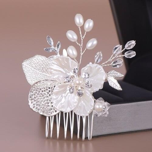 White/Gold Color Flower Crystal Hair Comb with Pearls Handmade Woven Decor Leaf Hairpins Clips Bridal Wedding Hair Accessories