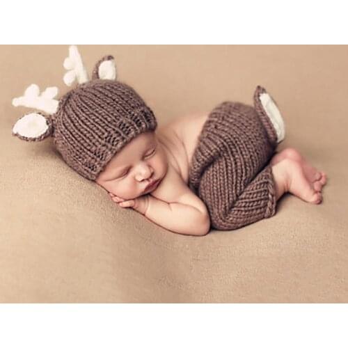 Newborn Festival Photography Props Deer Elk Design Baby Infant Knitted Costumes Hat Pants 2pcs Set Baby Photo Accessories