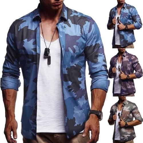 Shirts for Men 2020 New High Quality Mens Lapel Camouflage Single-breasted Slim Mens Long Sleeve Shirts