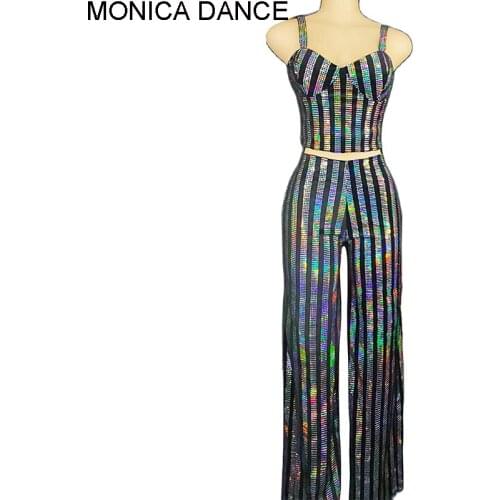 Women Multi-color Striped Sequins Dance Costume Set Birthday Celebrate Black Costume Outfit Dancer Prom Evening Stage Top Pants