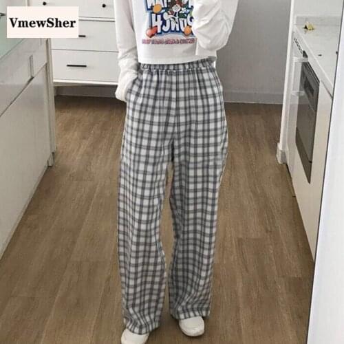 VmewSher New Plaid Vintage Spring Summer Women Pants High Elastic Waist Wide Leg Female Long Casual Loose Trousers Streetwear