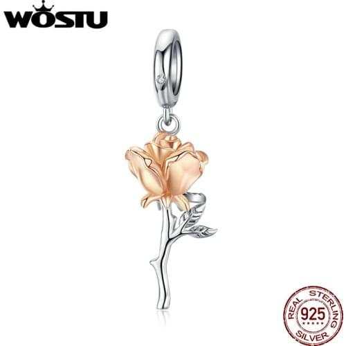 WOSTU Real 925 Sterling Silver Rose Flower Charms Fit Original Bracelet DIY Necklace PenBNnt Wedding Luxury Jewelry BNC145