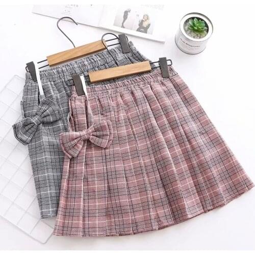 Vintage Style Womens Plaid Mini Skirt Casual Short Pleated Skirt Elastic Waist Color Gray Pink Student