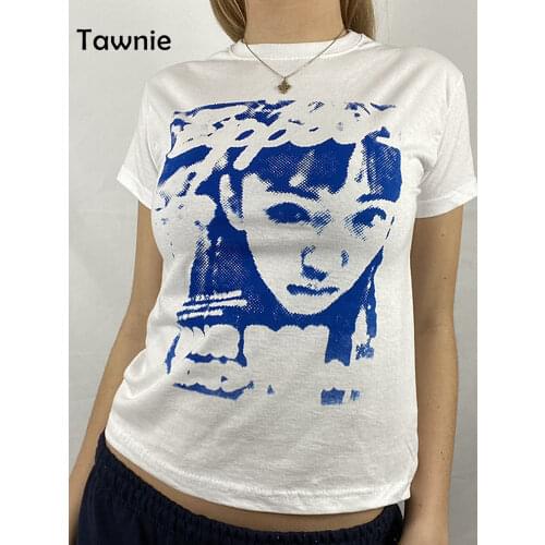 Gitana 2021 Vintage Y2K Print Short Sleeve T-shirt Women Harajuku Crop Top Summer Slim Oversized T-Shirt Streetwear Pullovers