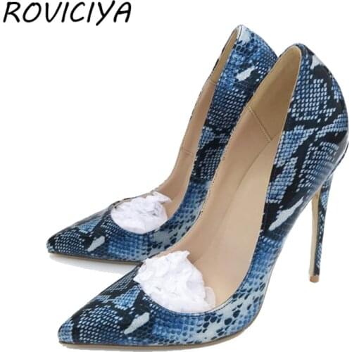 Blue Snake Banquet Pumps 12 cm 10 cm 8 cm High Heels Pointed Toe Women Party Shoes QP028 ROVICIYA