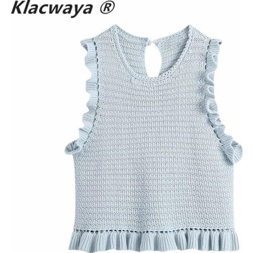 Klacwaya Women 2021 Summer Sleeveless Crochet ruffle knit tank top Cute Round Neck Solid Color knitting Tops