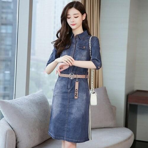 New Plus Size Spring Autumn Women Dresses Turn-Down Collar Slim Over Hips Three Quarter Jeans Dress For Women Denim One-Piece