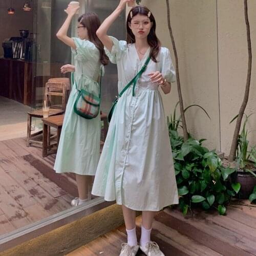 French Retro Shirt Dress Womens Summer 2021 New Skirt Temperament Korean Version of The Waist and Thin Mid-length Skirt